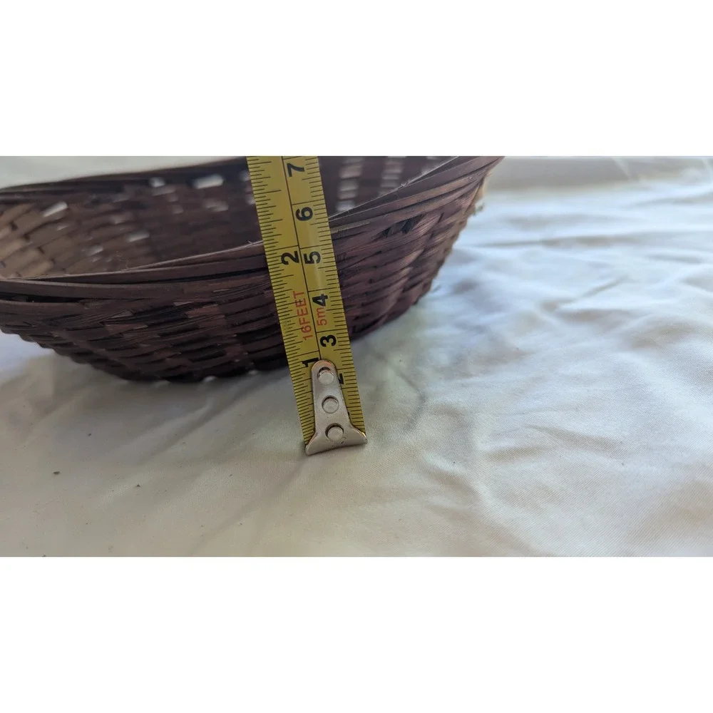 Set of 2 Vintage Dark Brown Woven Bamboo Oval Storage Baskets 8 Inch